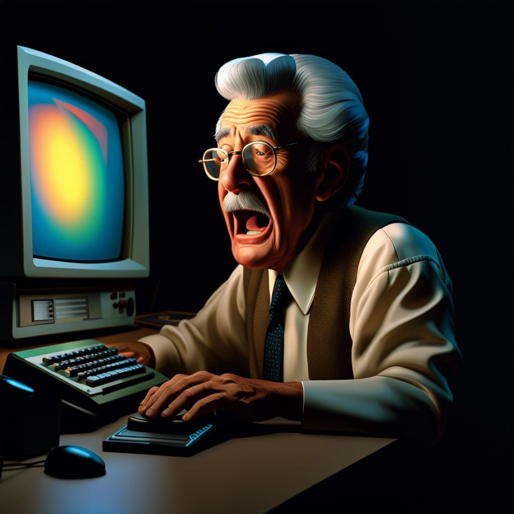 Tired Old Man at Computer in 1980s Home Office