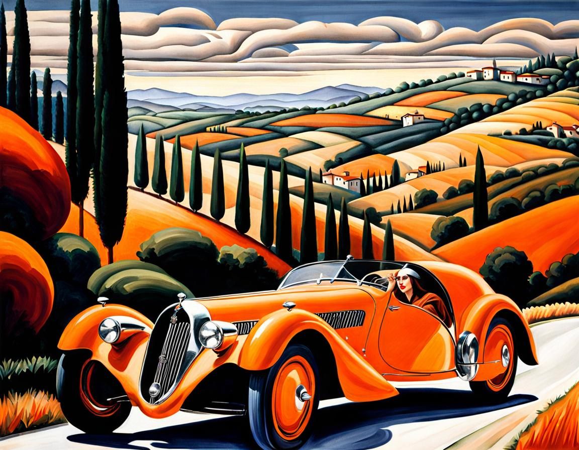 Art Deco Woman Driving Orange Bugatti in Tuscany