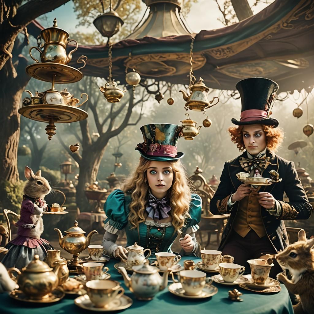 Victorian Alice Floats Above Mad Tea Party