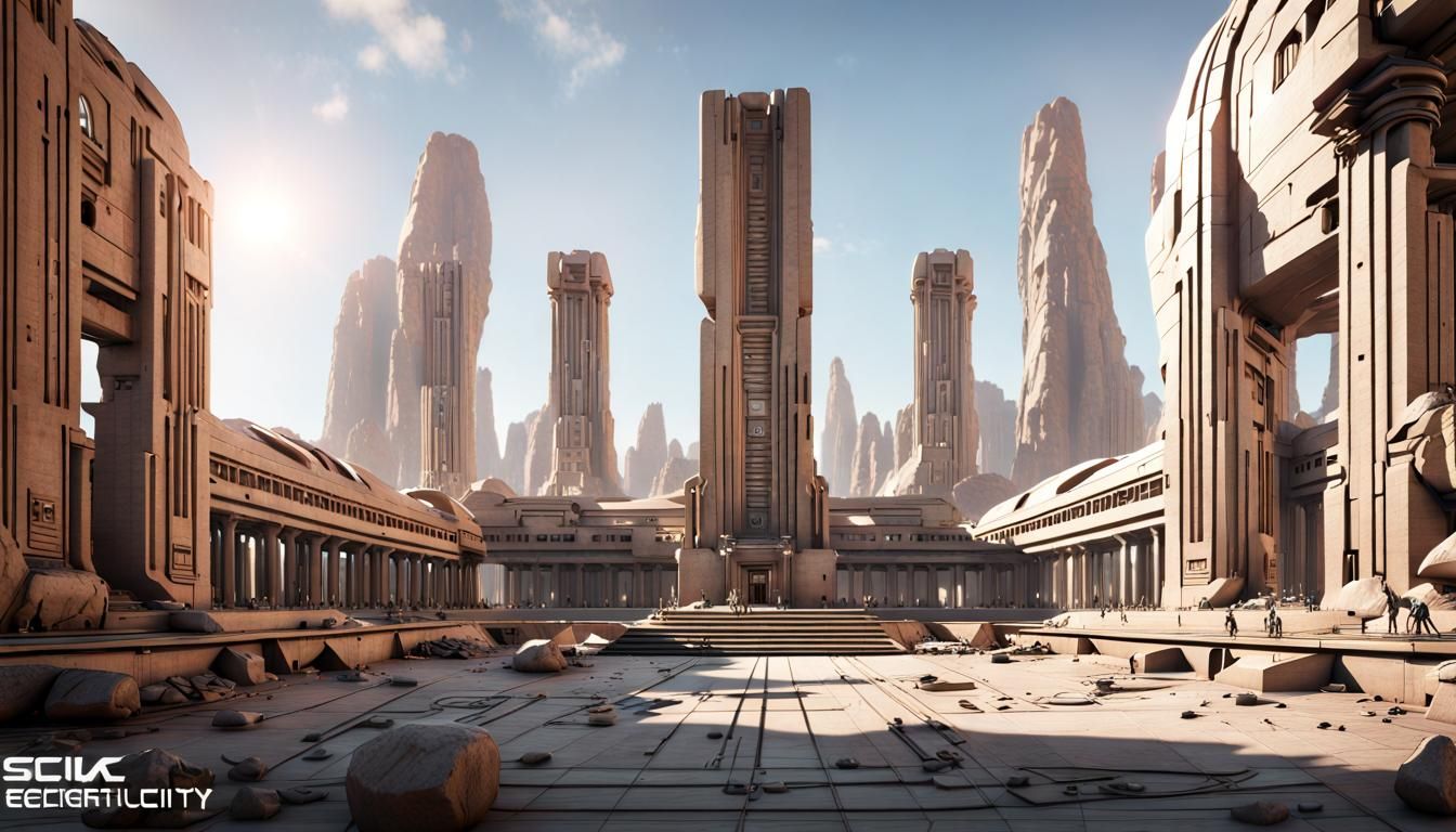 Sci-Fi Eco-Futuristic City with Ancient Temple Architecture