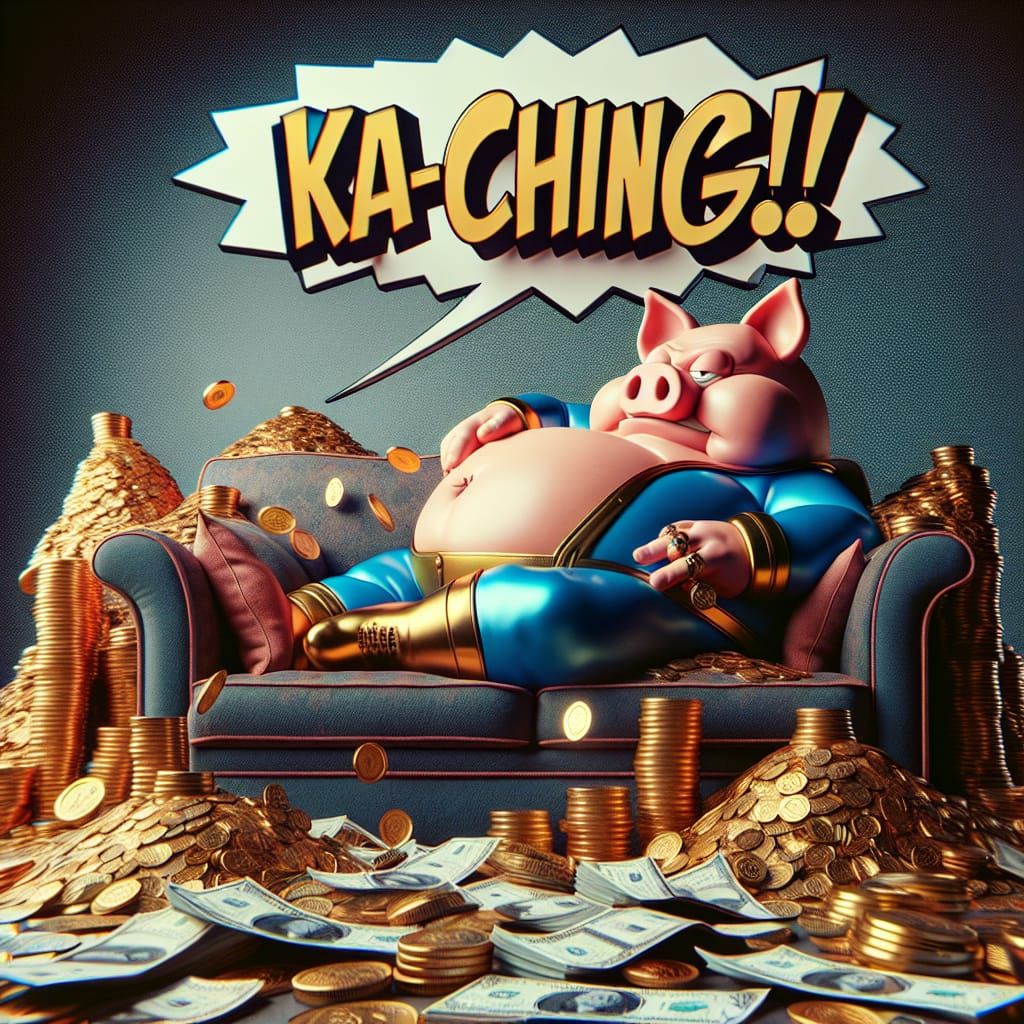 Anthropomorphic Piggy Bank Lounging Amidst Wealth