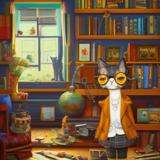 Professor in Cat Museum: Hyperdetailed Digital Illustration