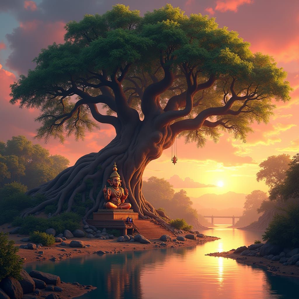 Majestic Peepal Tree with Vinayaka Idol at Sunset