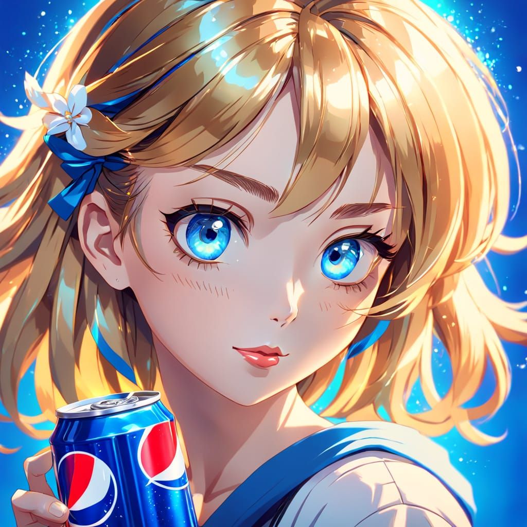 Vibrant Anime Girl with Pepsi in Soft Pastel Hues