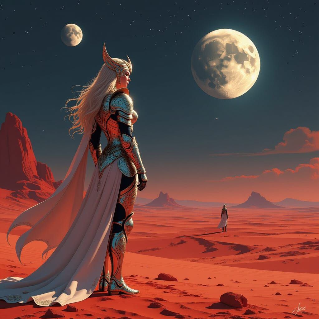 Valkyrie on Alien Desert Under Twin Moons