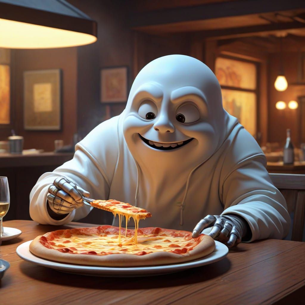 Translucent Ghost Enjoys Cinematic Pizza Feast