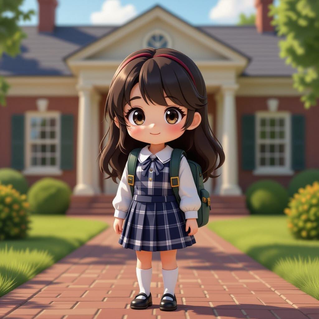 Chibi Student in Plaid Jumper at Schoolhouse