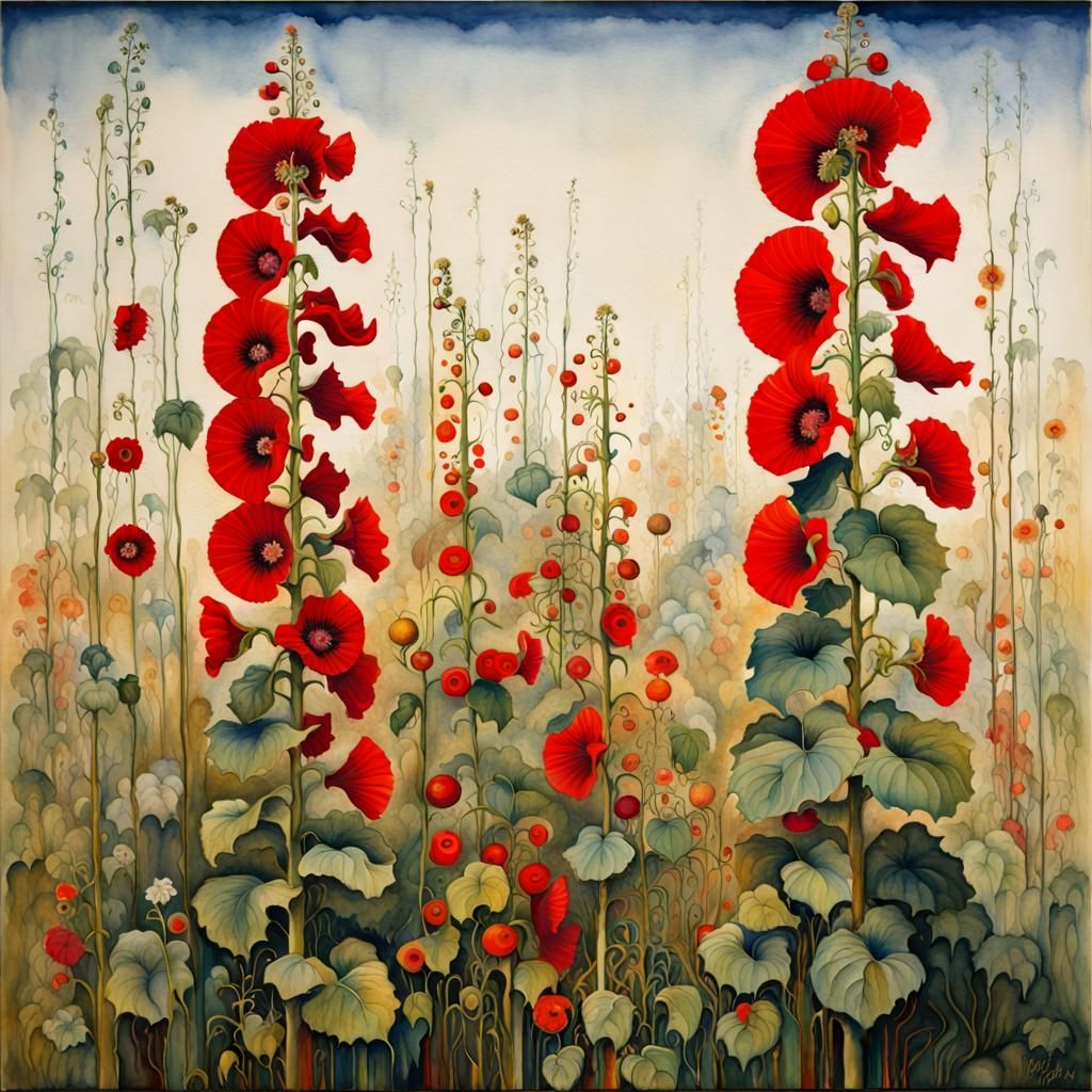 Red Hollyhocks in Surrealist Style