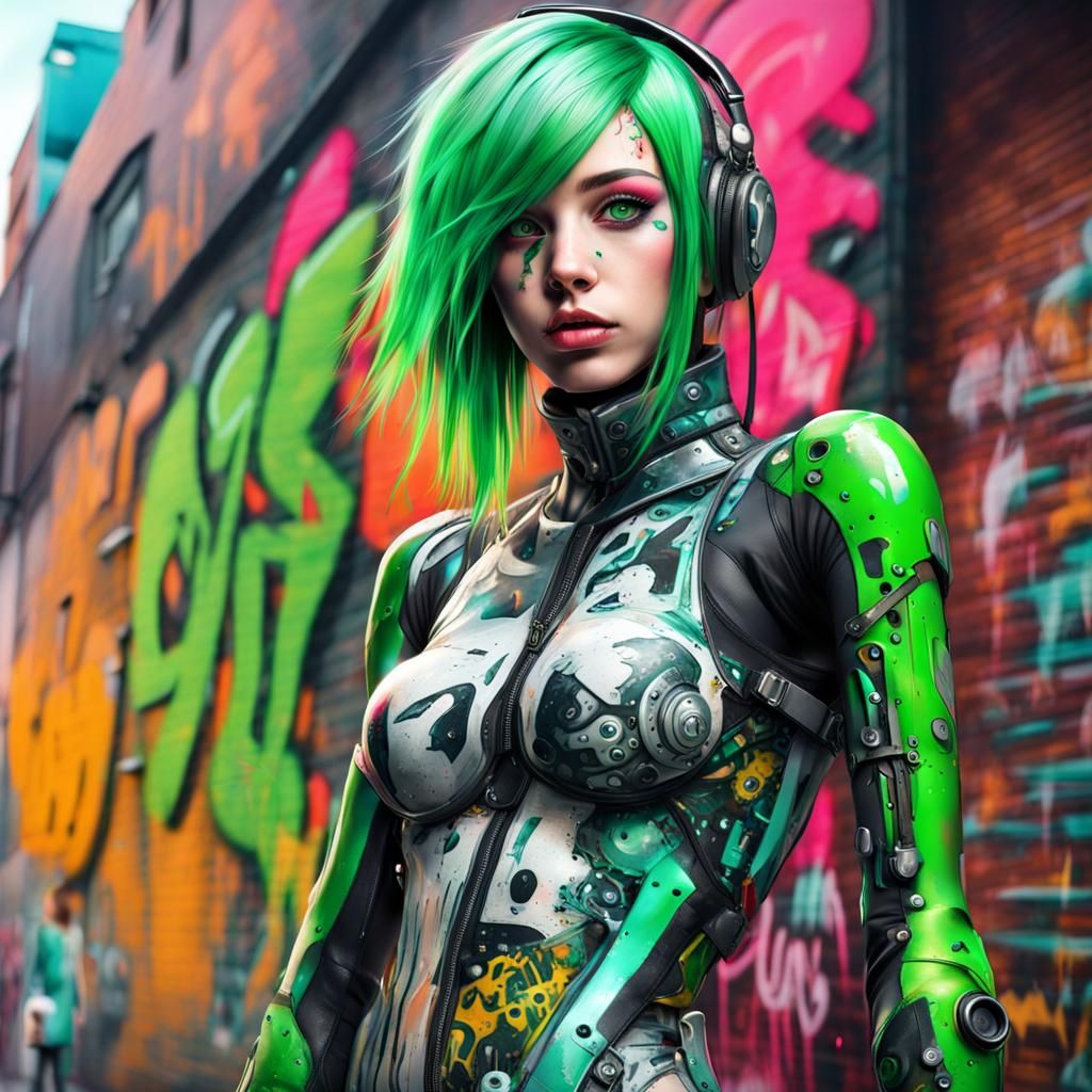 Emo Cyborg Girl in Cyberpunk Graffiti Art