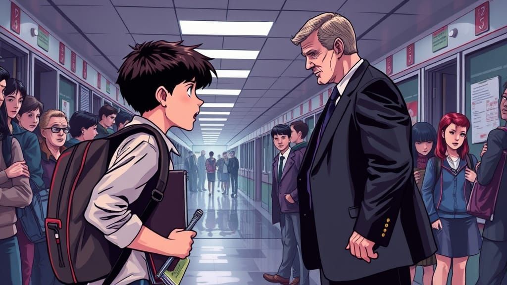 Tense School Confrontation in Noir Comic Book Style