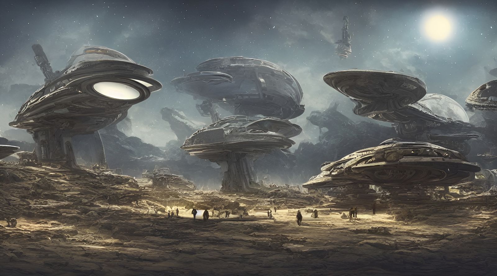 Bustling Spaceport in Sci-Fi Digital Illustration Style