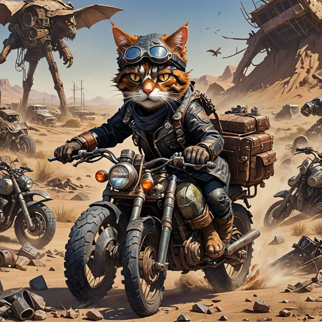 Calico Cat Rides Wasteland Motorcycle: Post-Apocalyptic Art