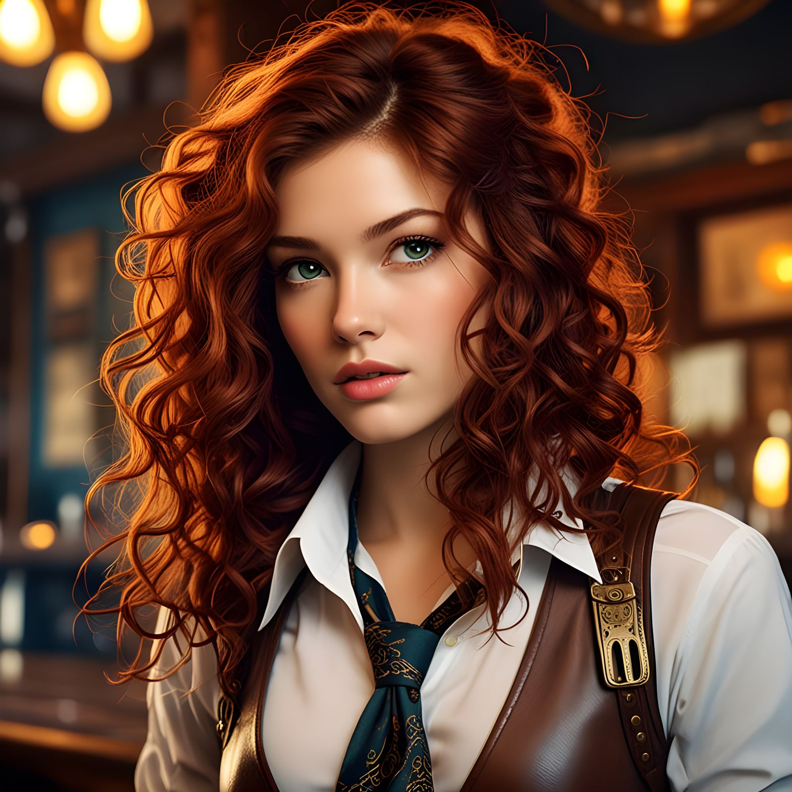 Steampunk Woman with Red Hair and Green Eyes
