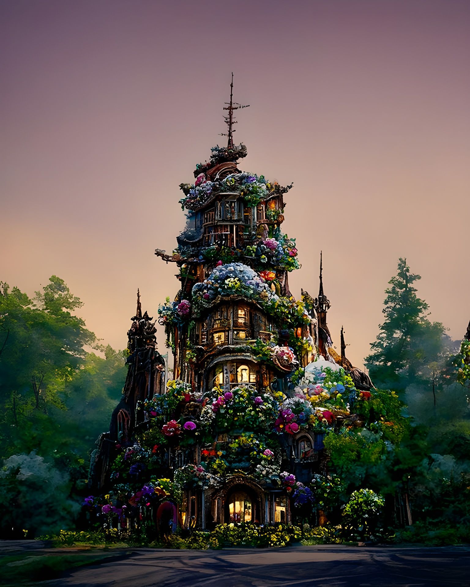 Towering Floral Fantasy House in Ghibli Style
