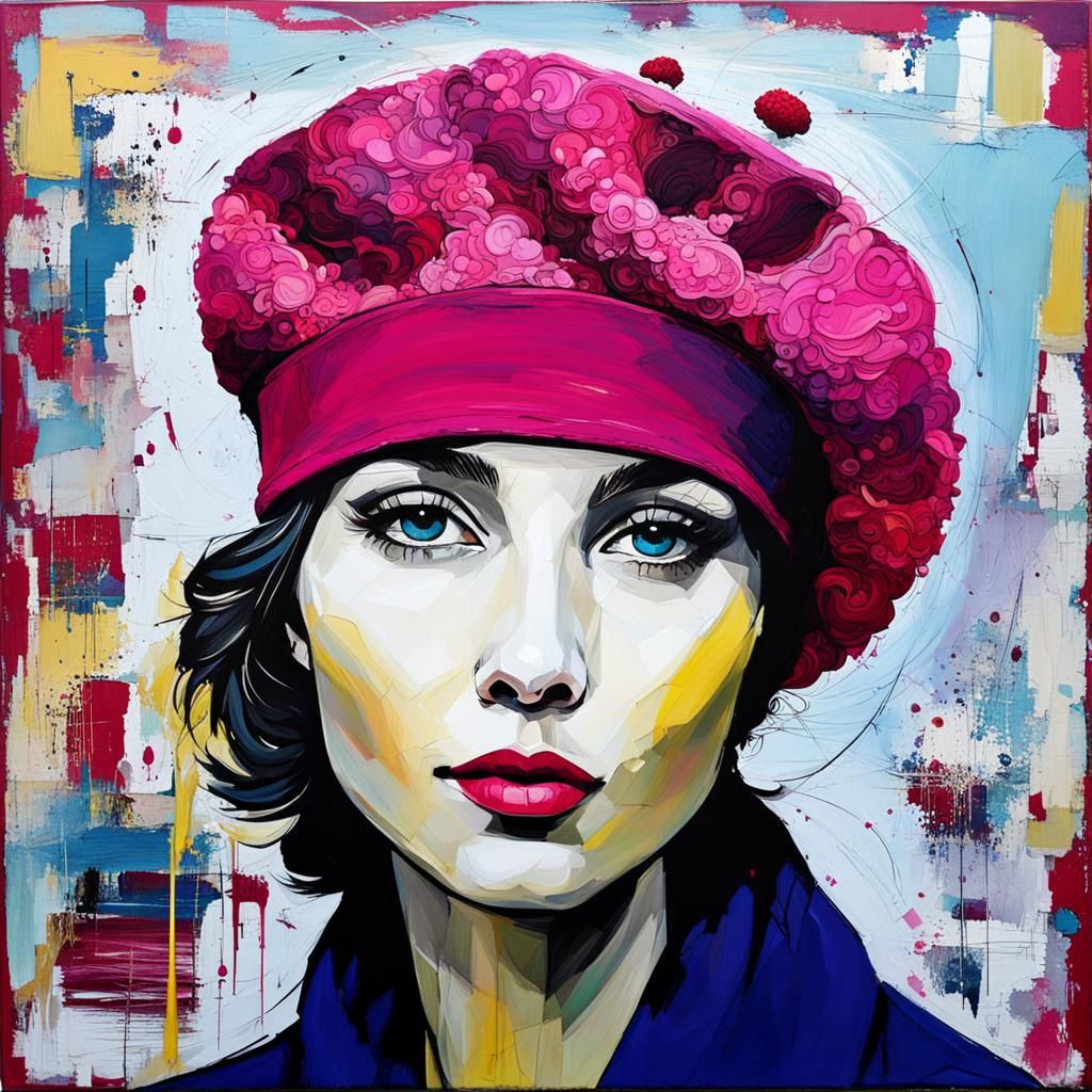 Raspberry Beret in Abstract Art with Complementary Colors
