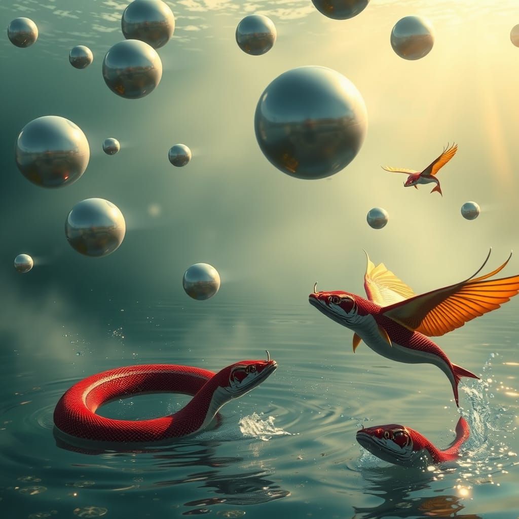 Sea Snake and Flying Fish in Futuristic Style
