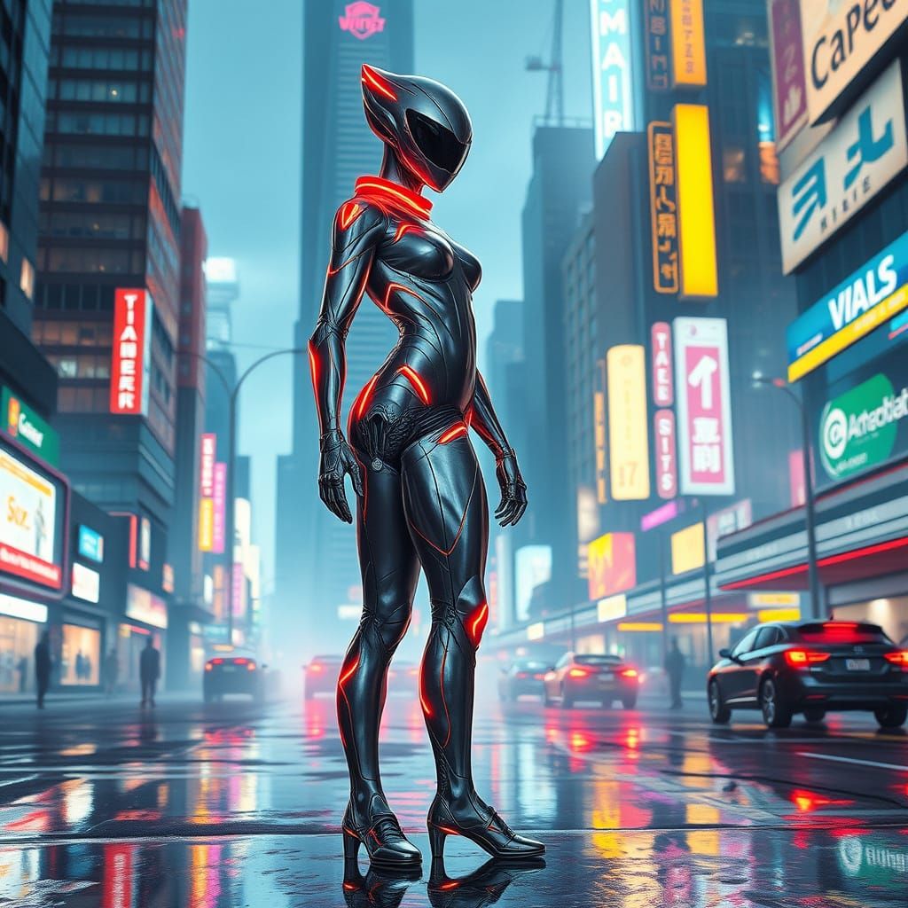 Sleek Futuristic Being in Neon Cyberpunk Cityscape