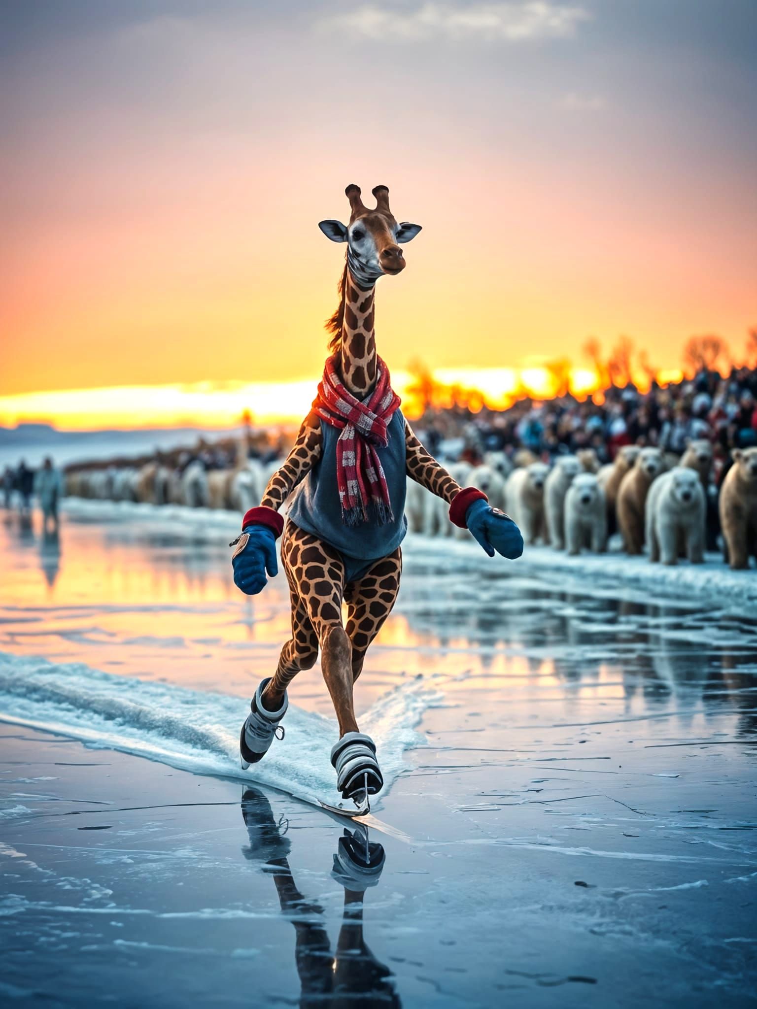 Woolly Giraffe Ice Skates on Frozen River, Polar Bears Cheer