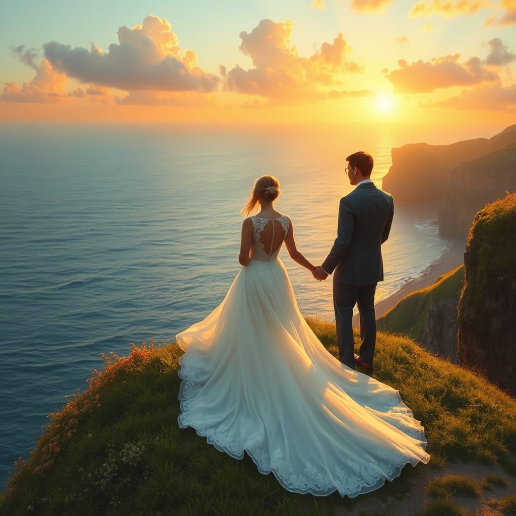 Romantic Wedding Couple on Cliff at Sunset