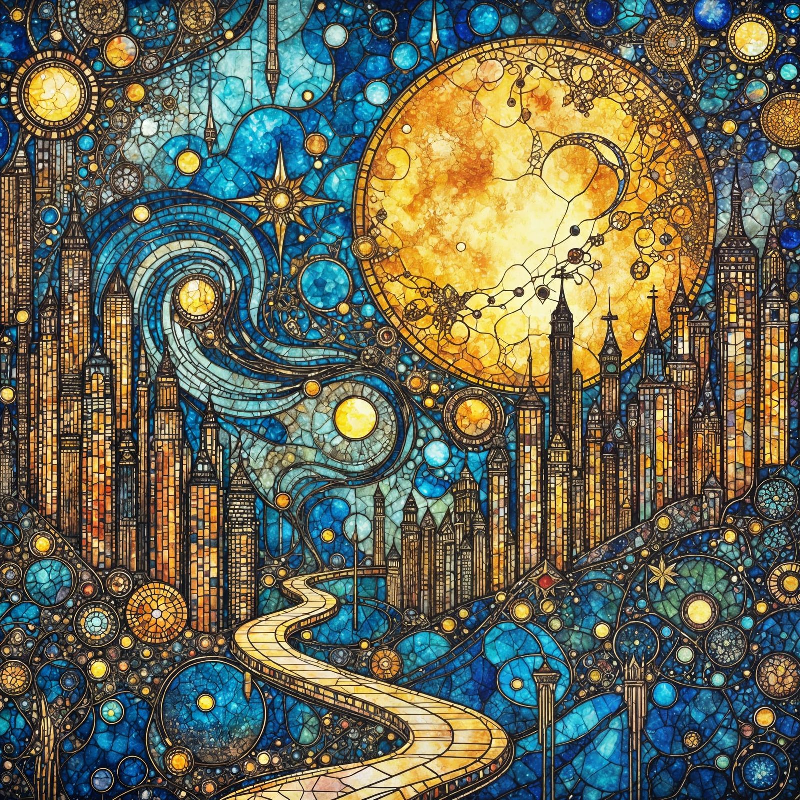 Blood Moon Derelict Cityscape in Mosaic Art