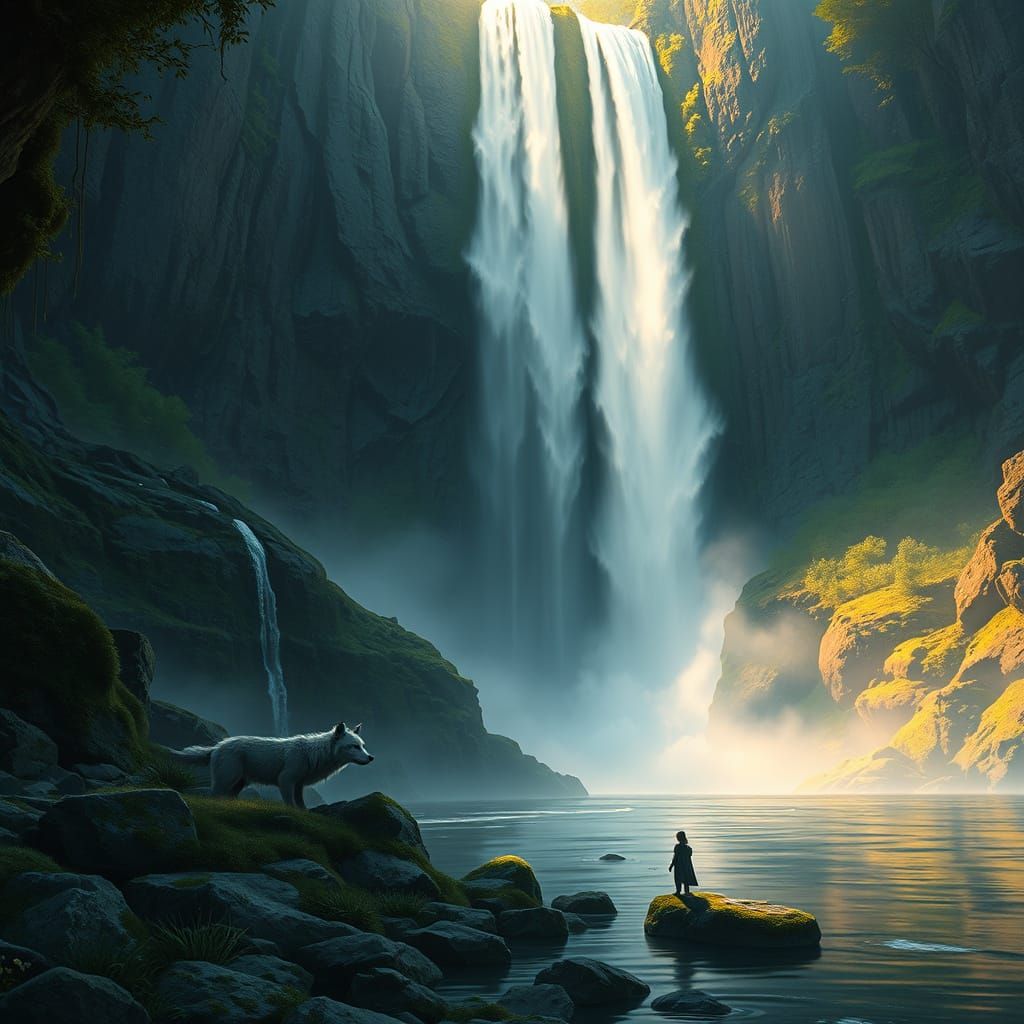Majestic Waterfall Scene in Fantasy Landscape