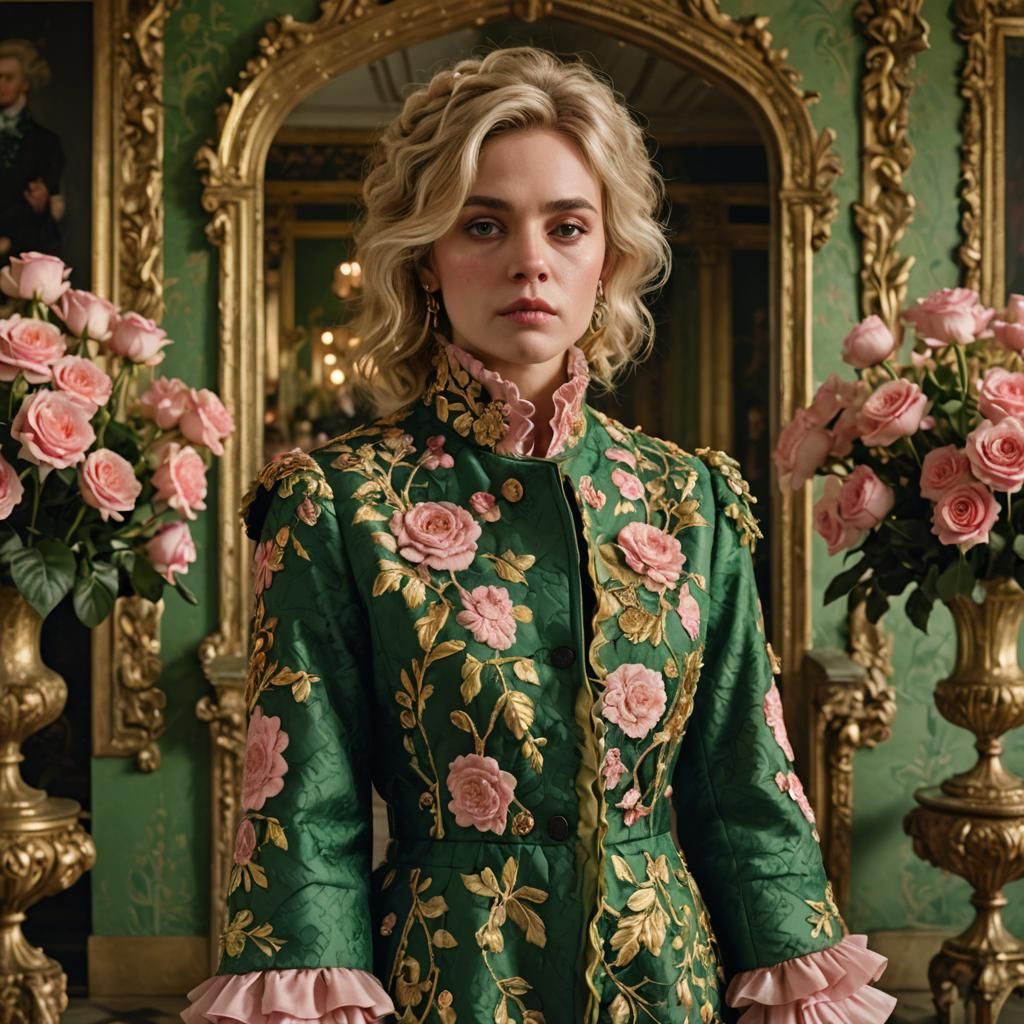 Woman in Embroidered Coat in Opulent Room