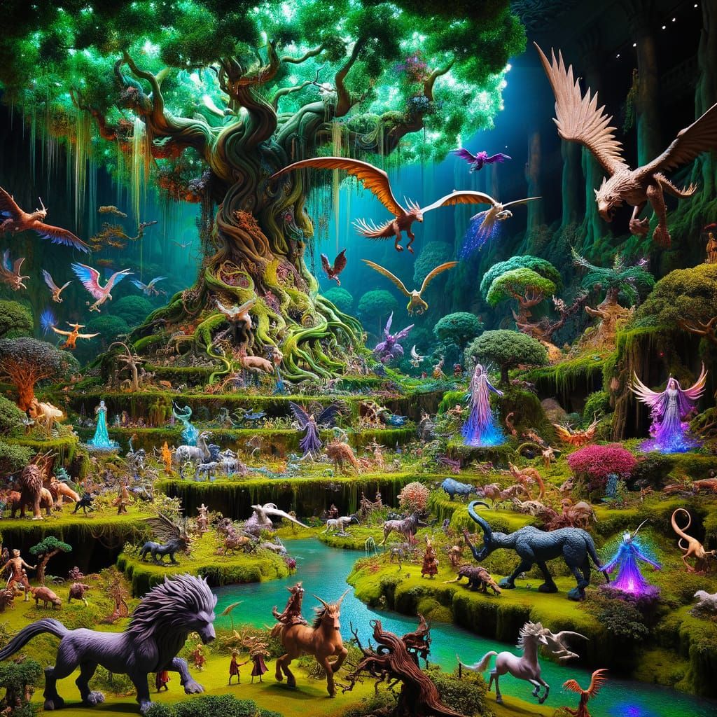 Magical Jungle with Mythical Creatures and Glowing Tree