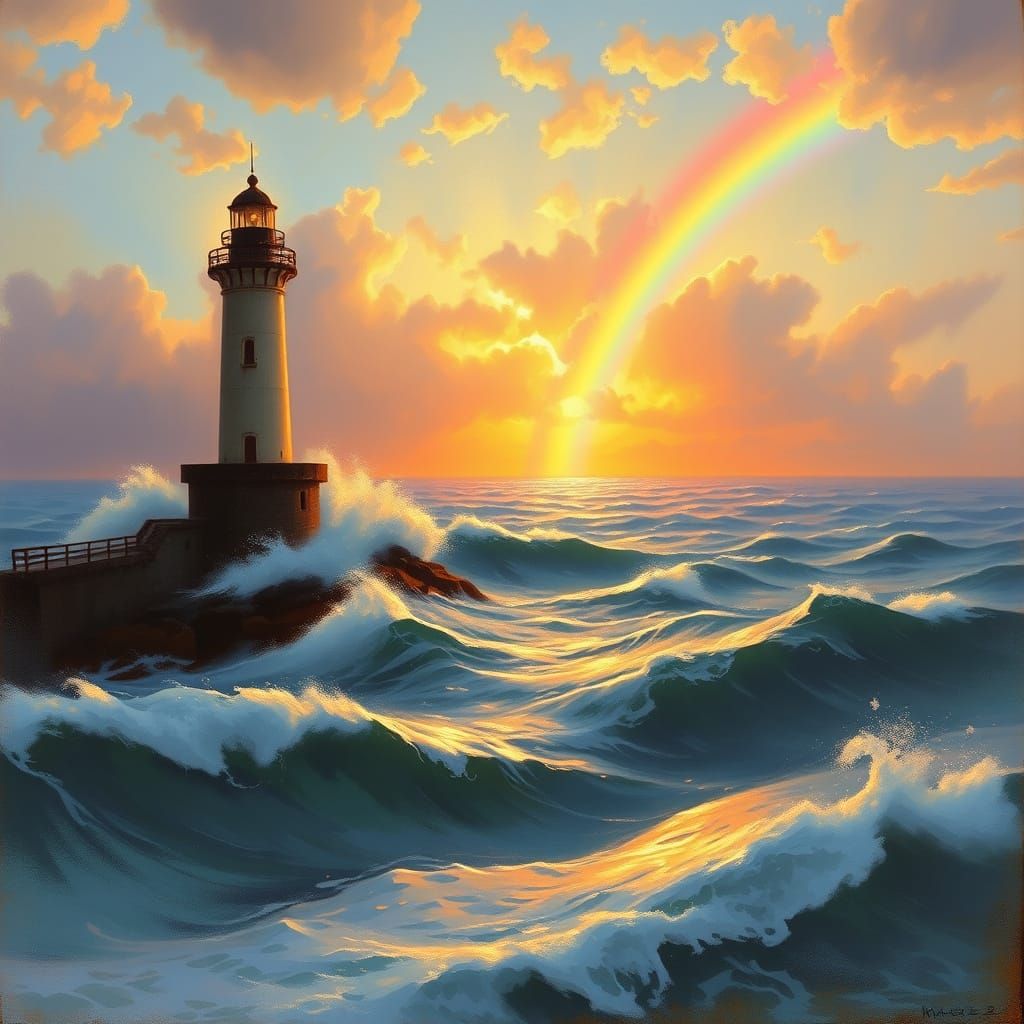 Dreamy Lighthouse Amidst Turbulent Waves in a Turner-Inspire...