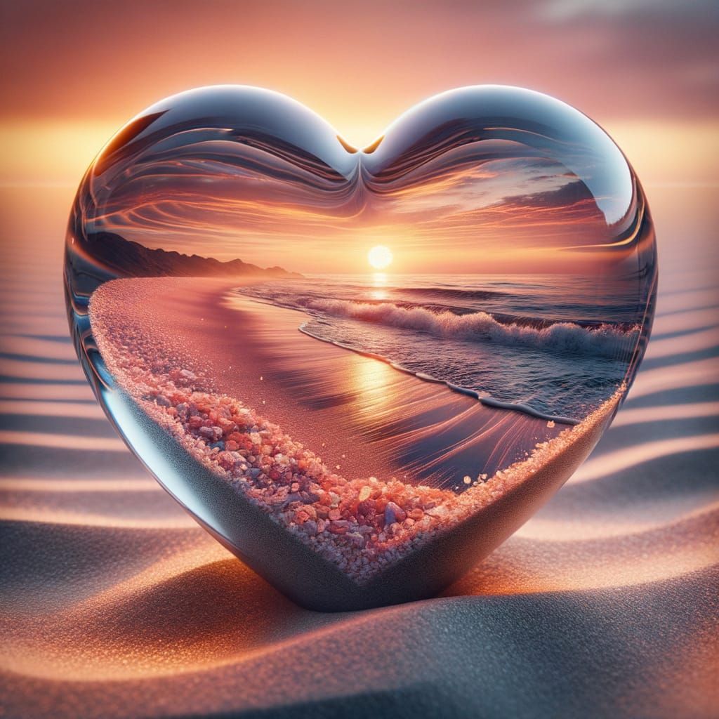 Heart-Shaped Glass Sculpture Reflects Sunset Beach