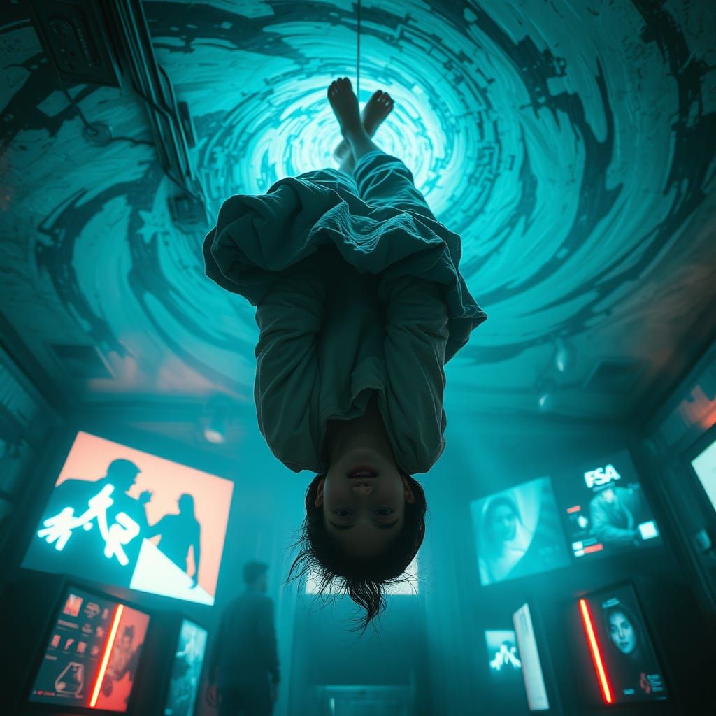 Fragile Figure in Disorienting Dystopian Room