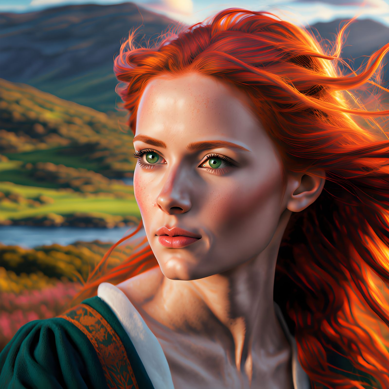 Hyperrealistic Scottish Maiden with Emerald Eyes