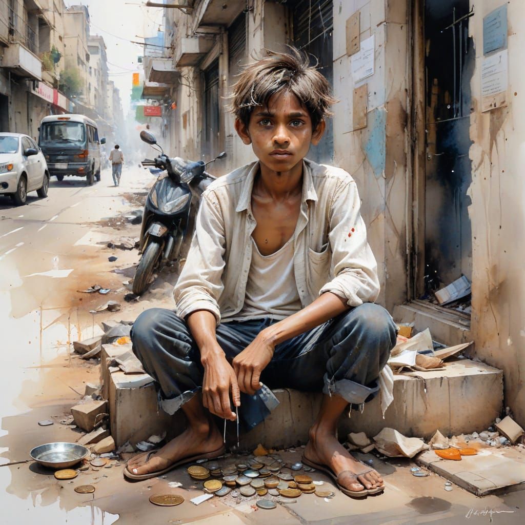 Sorrowful Young Indian Boy Begs on a Bustling Mumbai Street