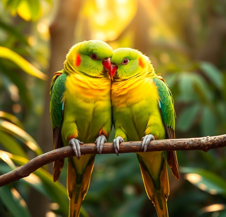 Tropical Parakeet Pair in Lush Rainforest