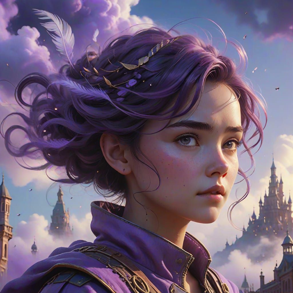 Ethereal Purple Cityscape with Delicate Air Elemental