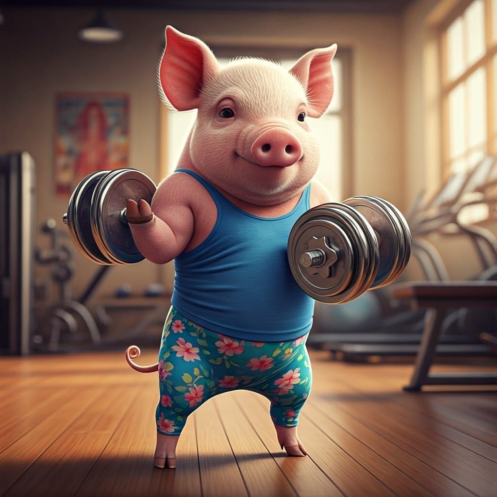 Realistic Piglet in a Humorous Gym Setting