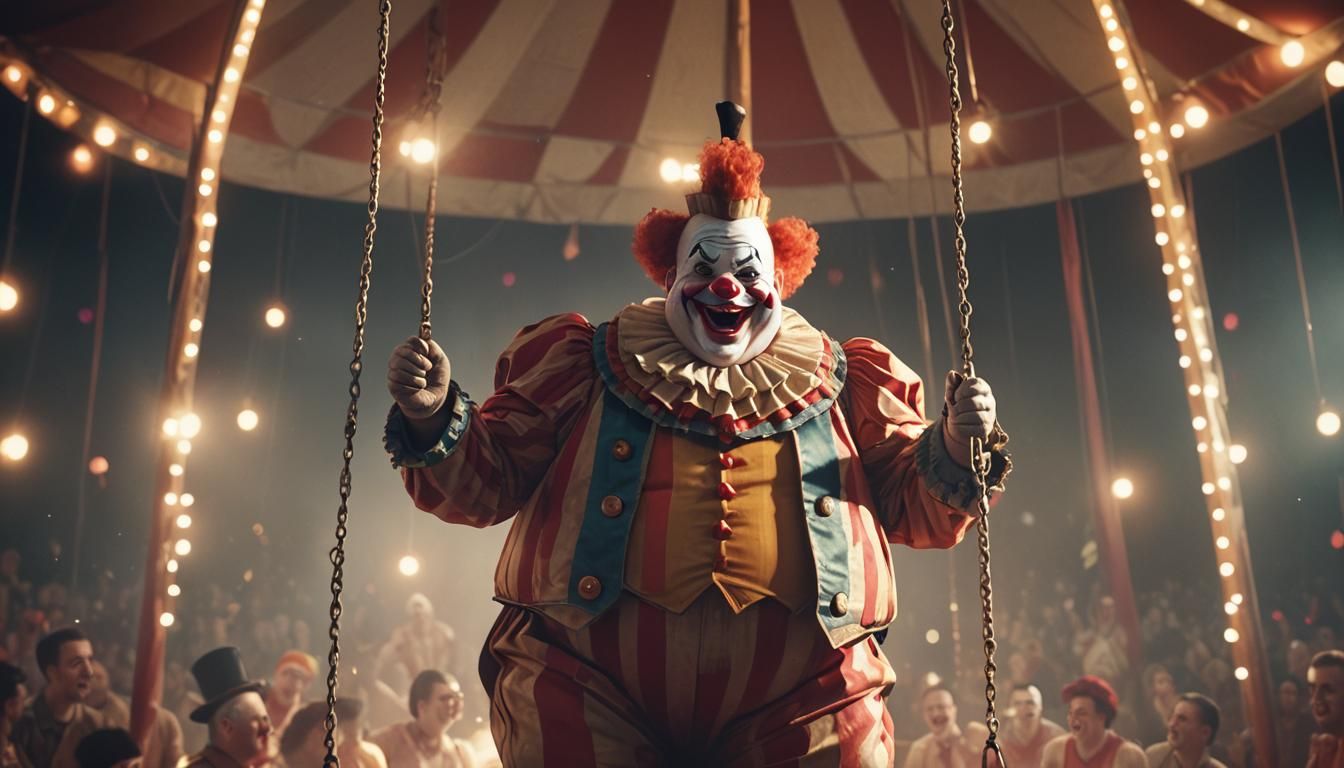 Smiling Clown on Trapeze in Circus Tent