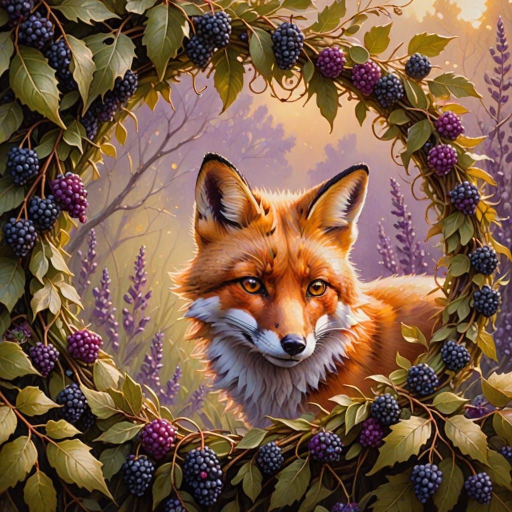 Fox Peeks Through Berry Wreath in Romantic Oil Painting