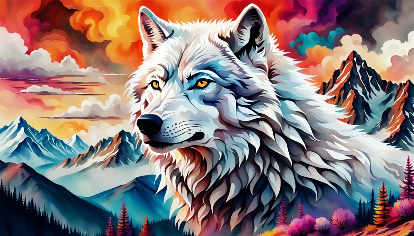Psychedelic Watercolor White Wolf Portrait