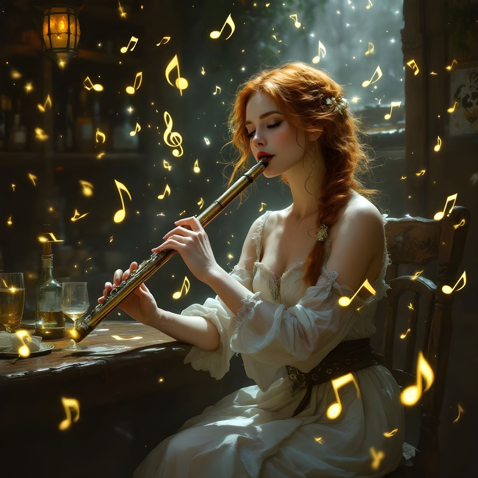 Woman Plays Flute with Magic Notes, Fantasy Illustration