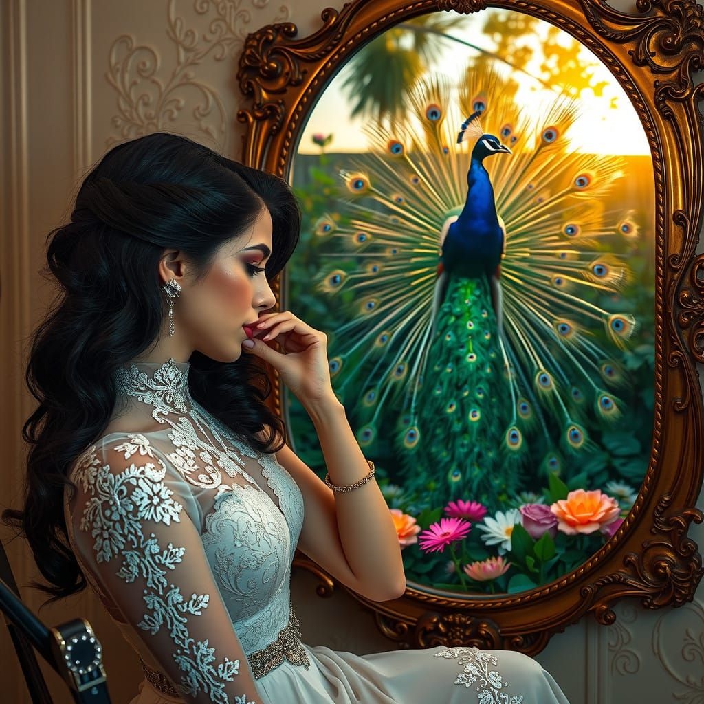 Goddess in Majestic Peacock Reflection