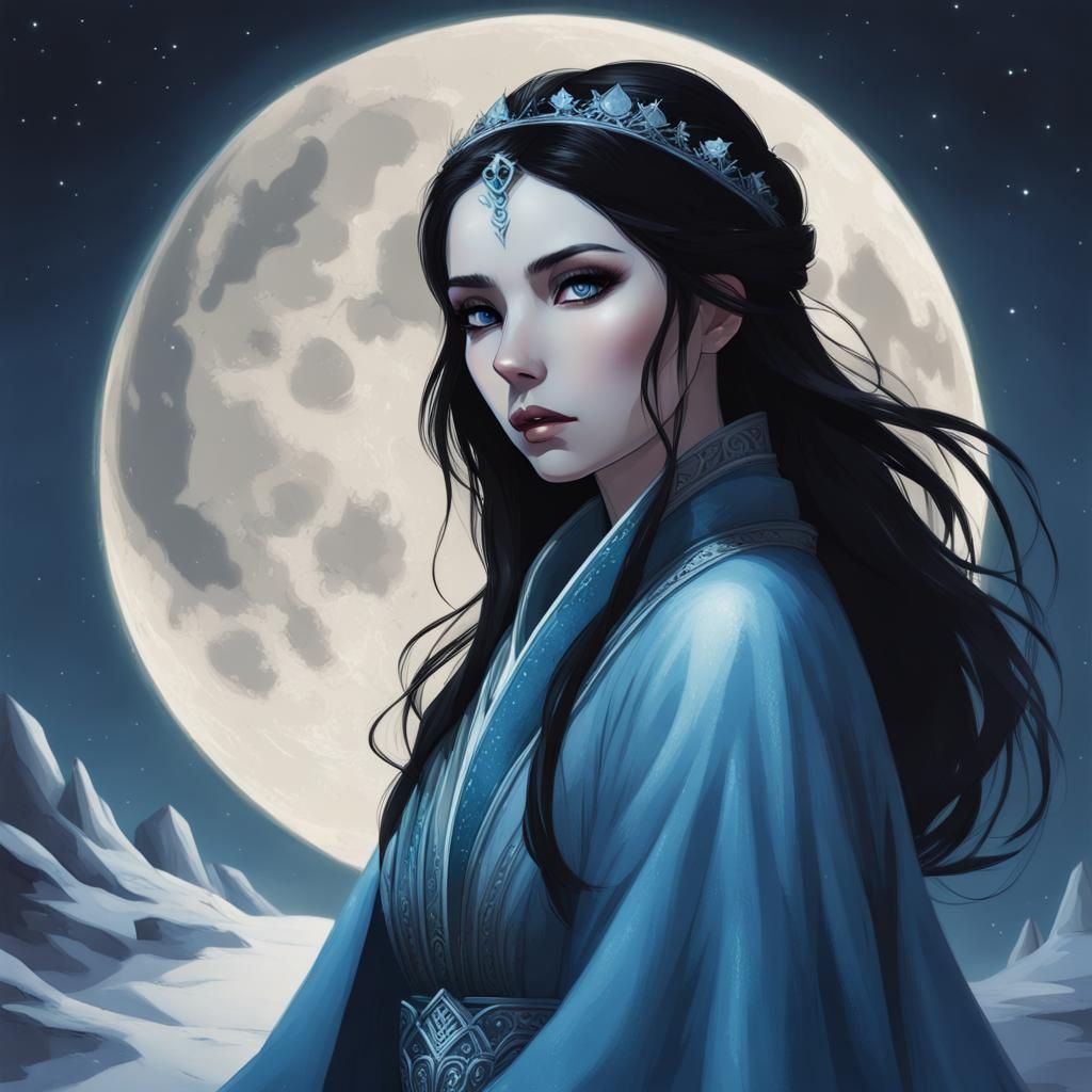 Icy Beauty: Black-Haired Princess Under Moonlight