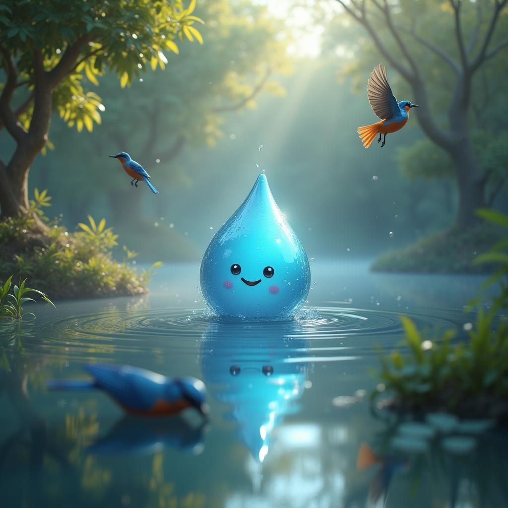 Droppy the Raindrop on a Misty Pond