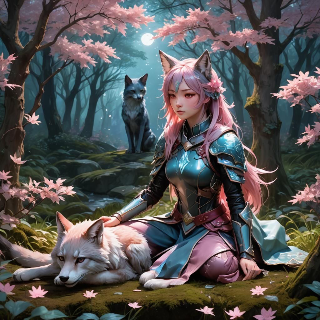 Mystical Forest Catgirl with Rare Bloom