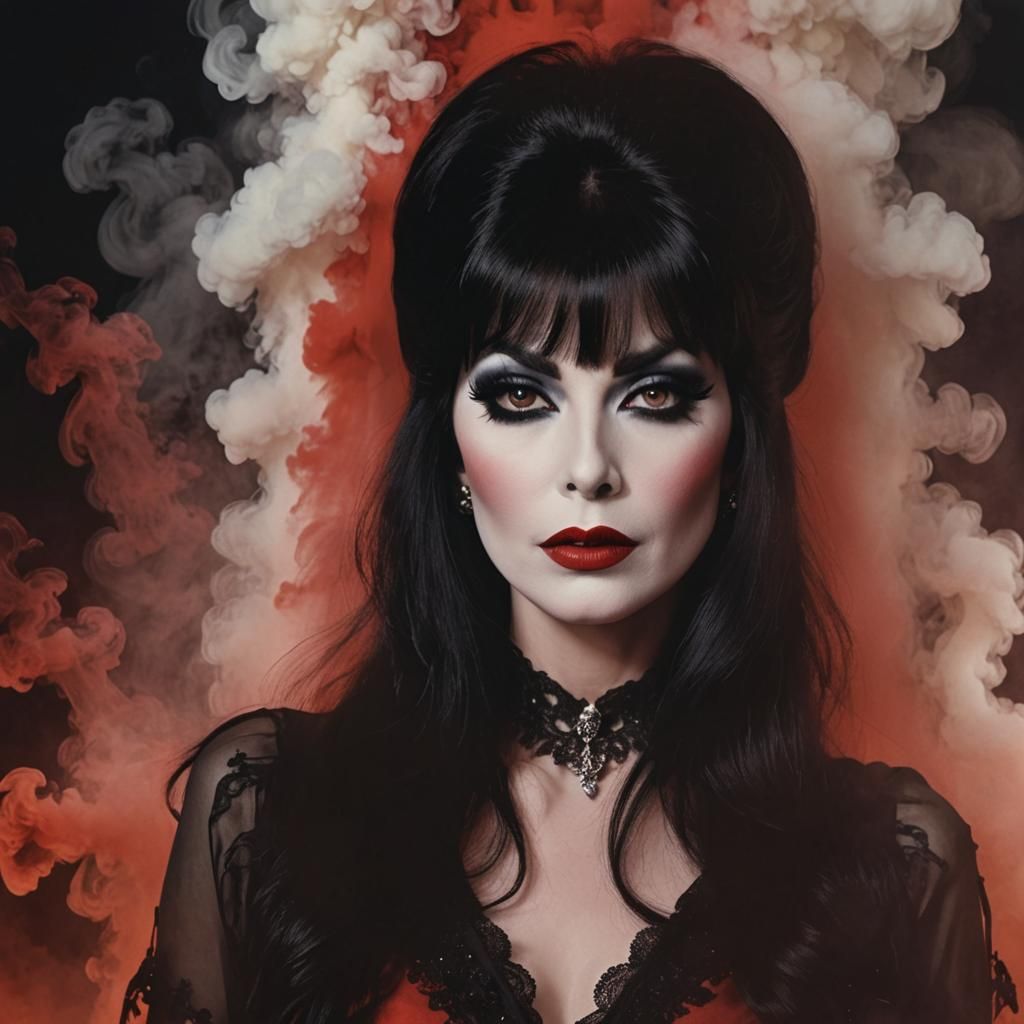 Elvira in Dark Setting with Red Smoke and Bats