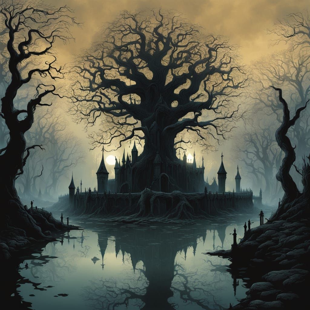 Eerie Gothic Castle Garden in Dark Fantasy Art
