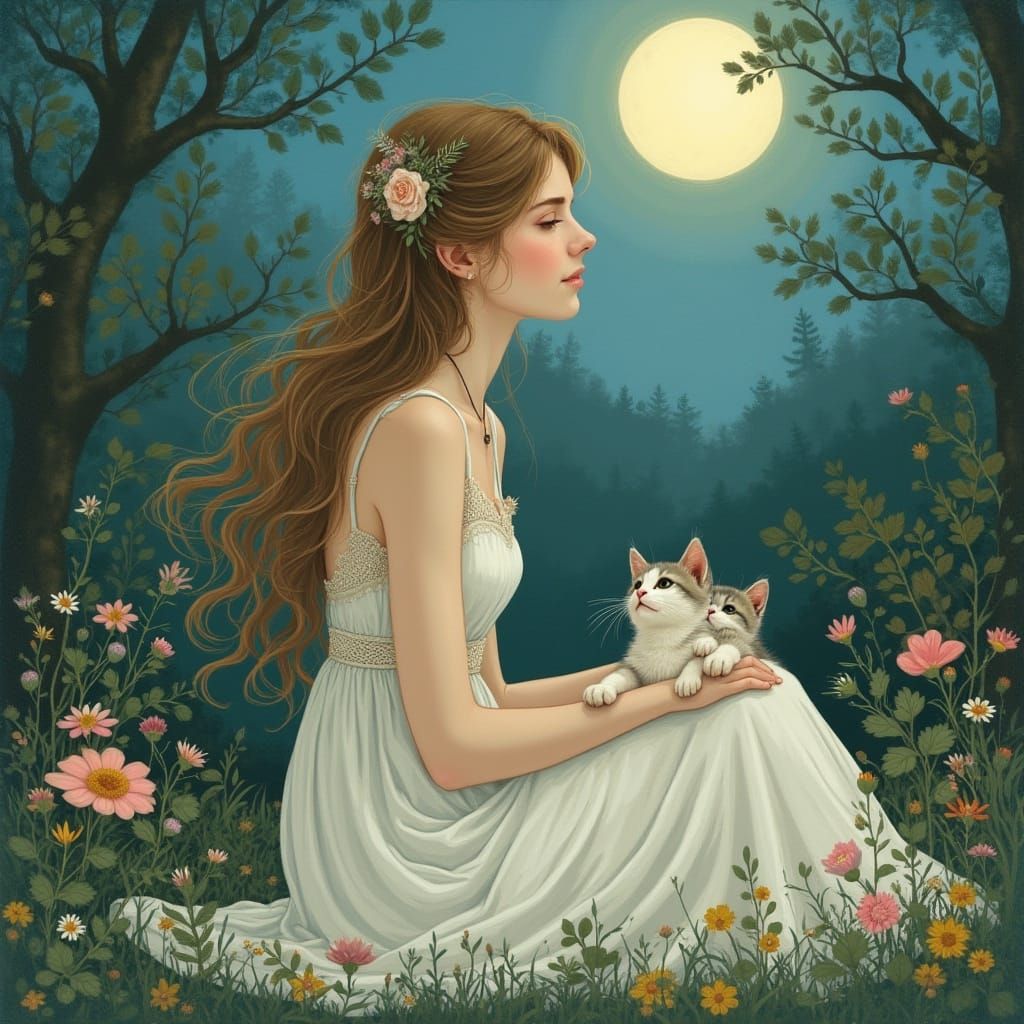 Whimsical Moonlit Garden Scene with Gentle Cats