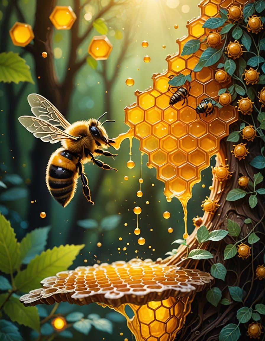 Vibrant Honeycomb Scene in Whimsical Watercolor Style