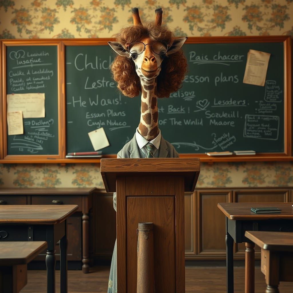 Surrealist Giraffe Professor Lectures in a Whimsical 1900s C...