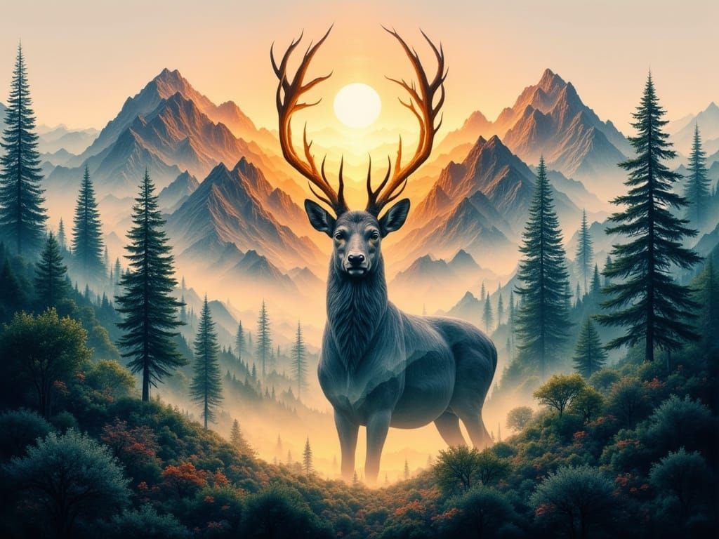 Surreal Deer Double Exposure: Cosmic Digital Painting