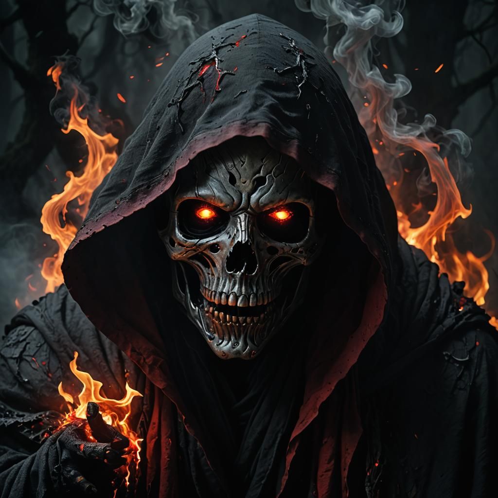 Ethereal Death entity cloaked in tattered, ash gray robe, ho...